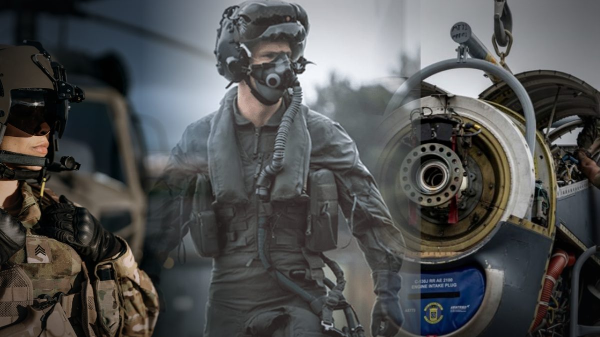 Aircrew systems and MRO — flight helmet with NVG mount, pilot in full life support kit, engine maintenance on stands