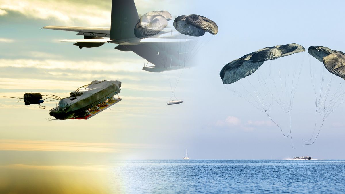 RIB boat aerial delivery — extraction from C-130 to splashdown under cargo canopies