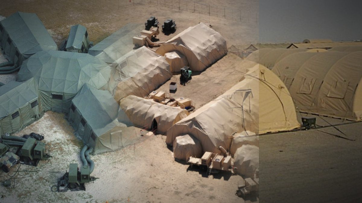 Expeditionary camp systems — deployed shelter complexes with environmental control units and rapid-erect soft shelters