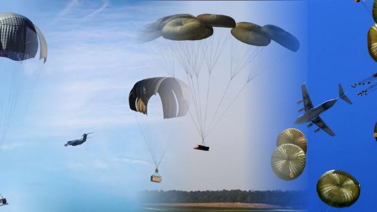 Cargo parachute suite — heavy platform clusters and mass resupply bundles under canopy