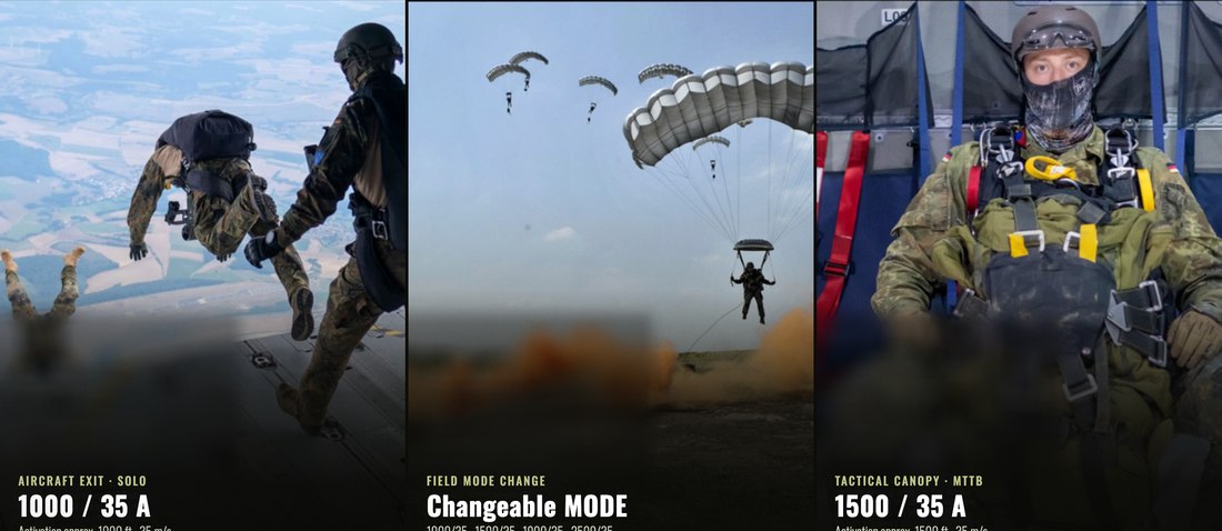 Military CYPRES 2 automatic activation device — aircraft exit, in-field mode change and tactical canopy descent