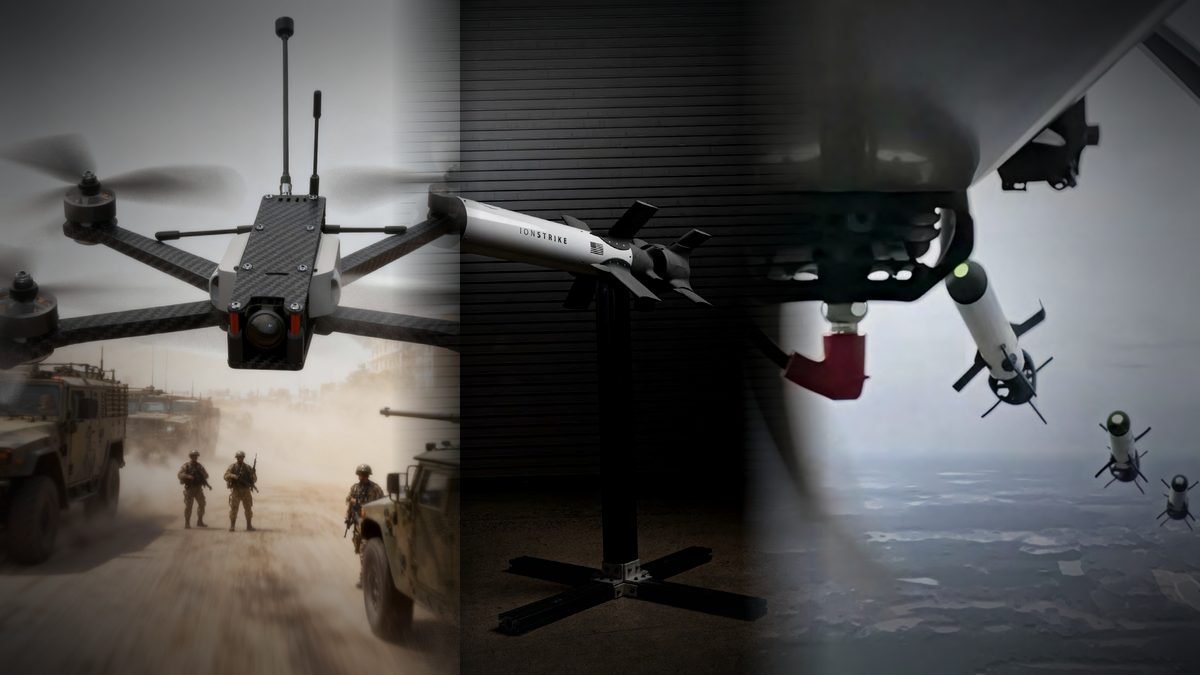 FPV strike and UAS interception — Fang F7 attack drone over a convoy, IonStrike interceptor and air-launched engagement