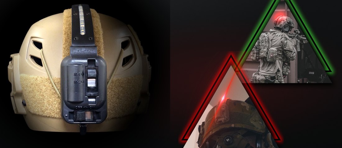 HEL-STAR 4 helmet marker beacon mounted on a FAST helmet with M-1/M-2 selectable modes