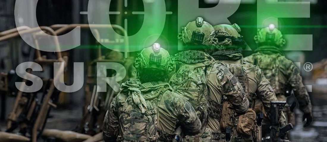 HEL-STAR 6 Gen III+ — helmet marker beacons in green identification mode on a moving team