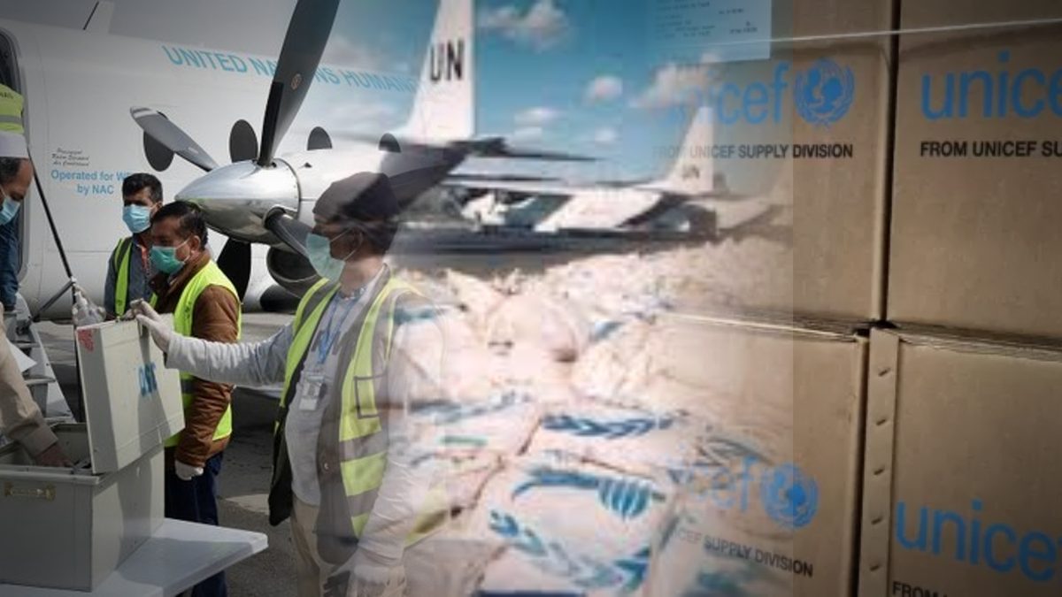 Humanitarian health and fleet supply — WFP humanitarian air service loading, UN aircraft and UNICEF supply division consignments