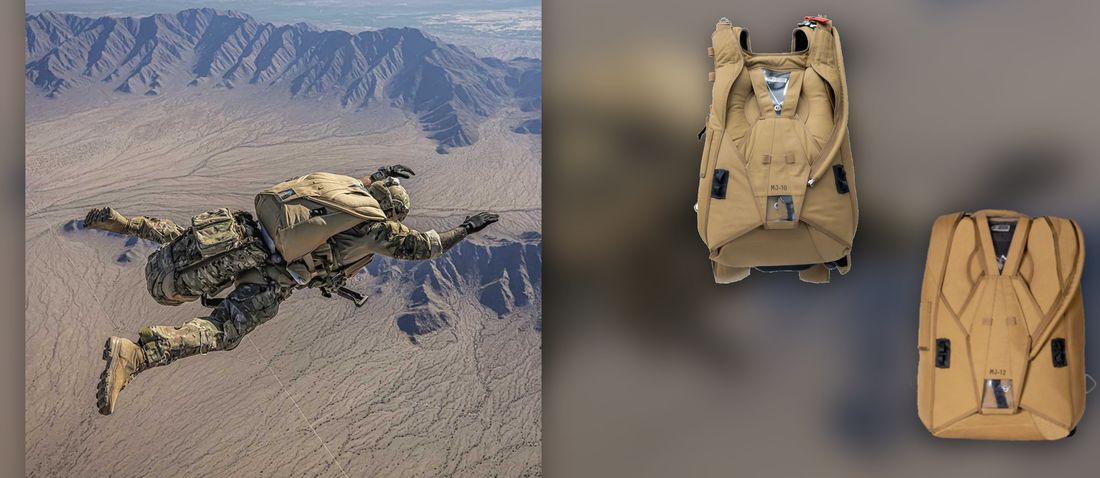 Military Javelin MJ-10 and MJ-12 containers with combat freefall jumper