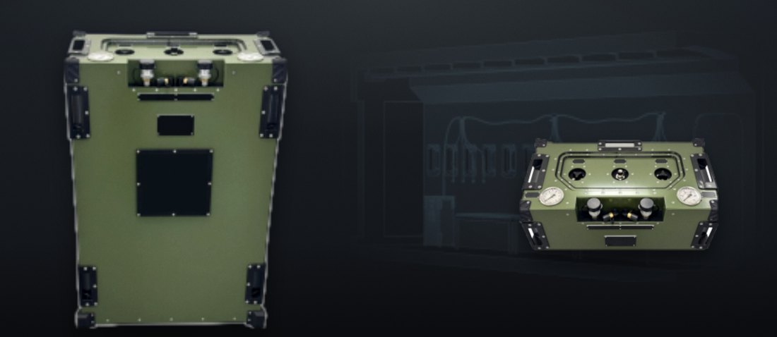 Oxygen Console 12 — portable 12-jumper pre-breathe console, closed transit case and open operating configuration