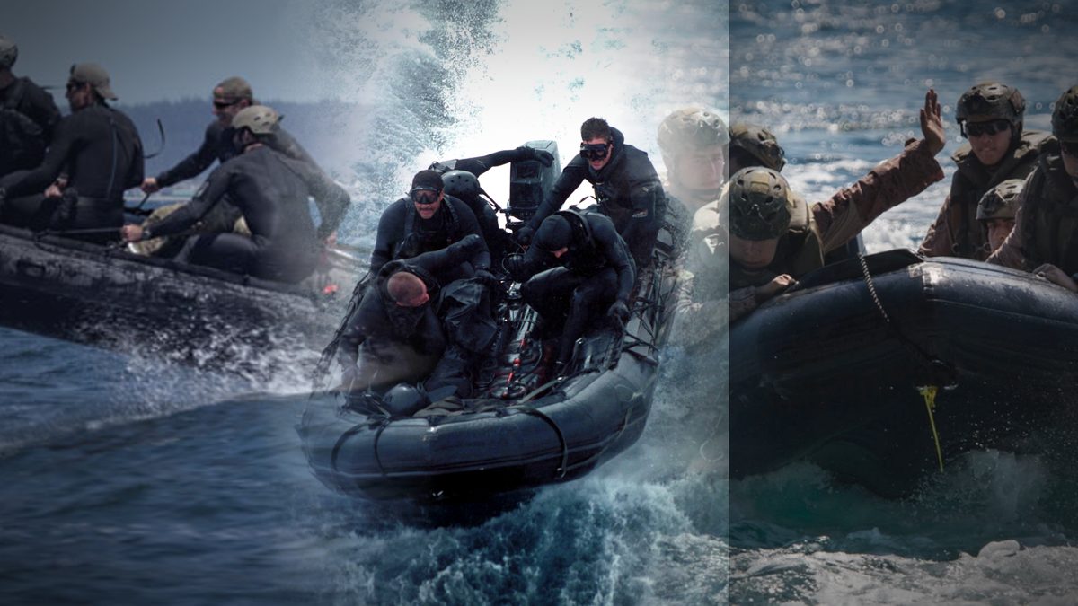 Combat rubber raiding craft — assault teams running inflatable boats through surf and open water