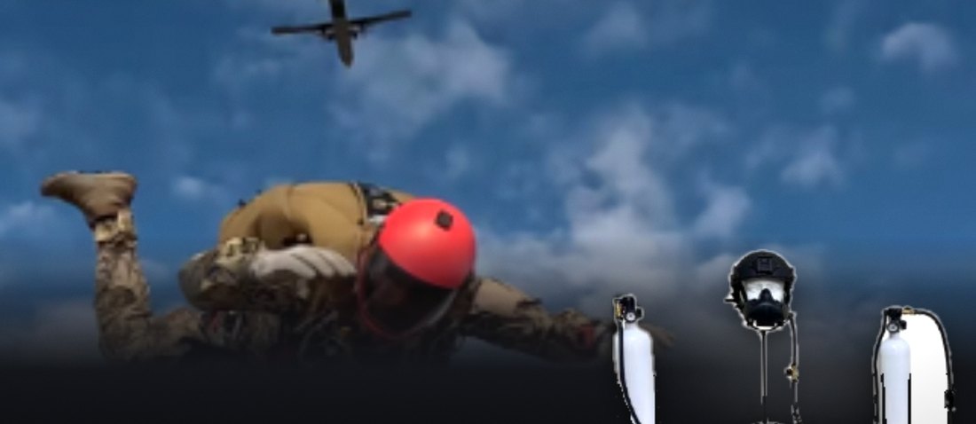 SHADOW parachuting oxygen system — freefall jumper on oxygen with mask, regulator and ascent/descent cylinders