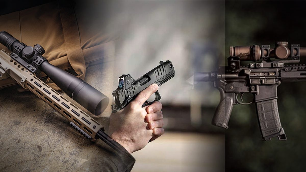 Small arms — precision chassis rifle with optic, red-dot pistol and suppressed piston-driven carbine