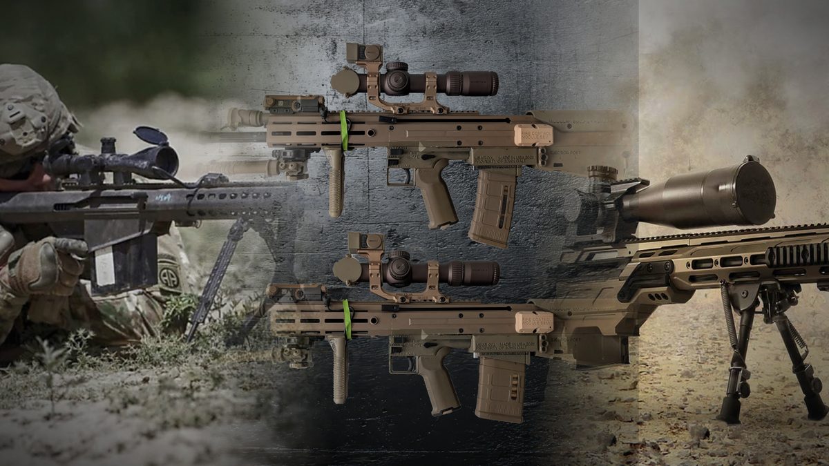 Sniper systems — prone shooter behind a .50 anti-materiel rifle, modular precision rifles and suppressed bolt-action on bipod