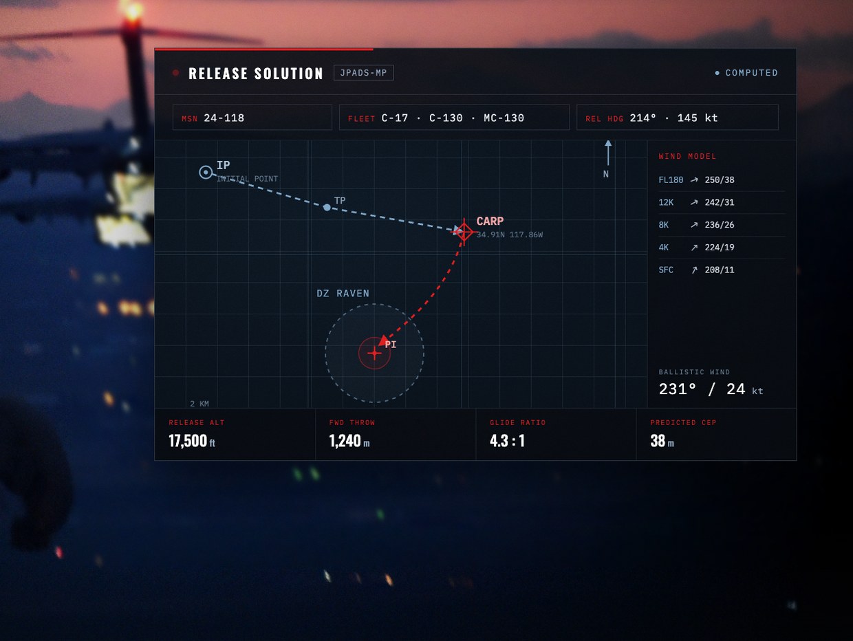 USAF JPADS Mission Planner release solution — computed air release point, wind model and drop zone track