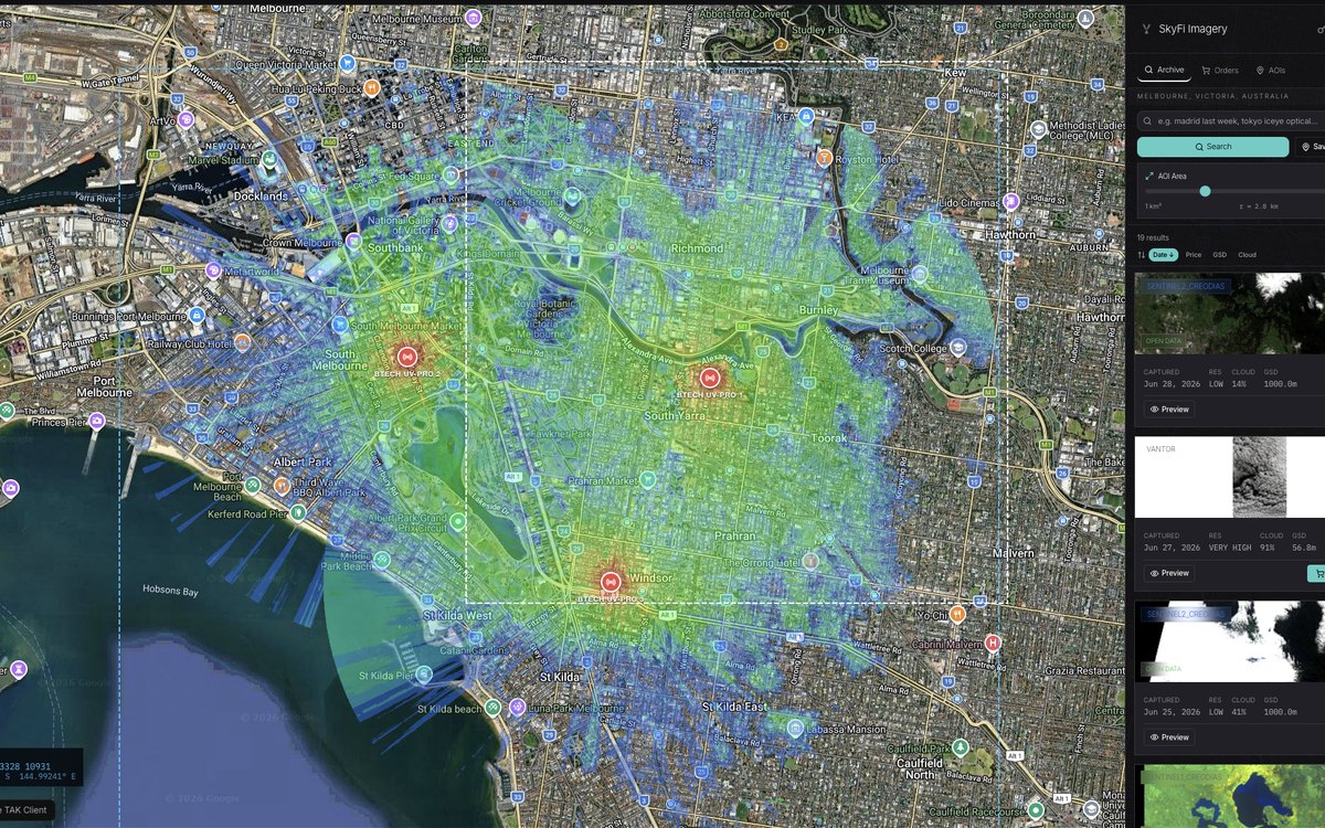 Overhead satellite imagery archive and tasking panel showing available captures with resolution, cloud cover and price