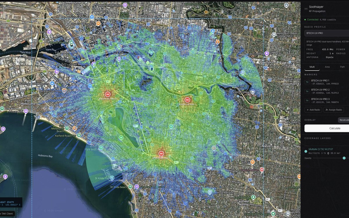 Soothsayer RF propagation modelling showing predicted multisite radio coverage over a city
