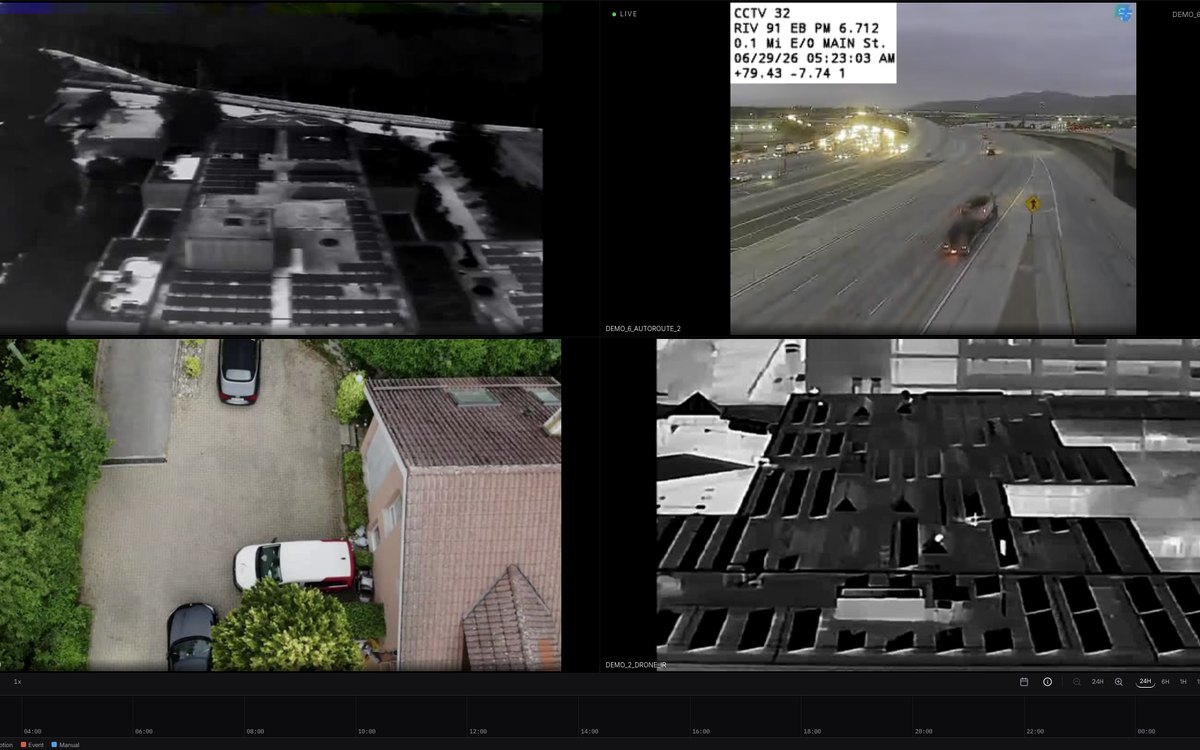 TAK_OS tactical video management showing drone infrared and electro-optical feeds alongside fixed cameras with a recording timeline