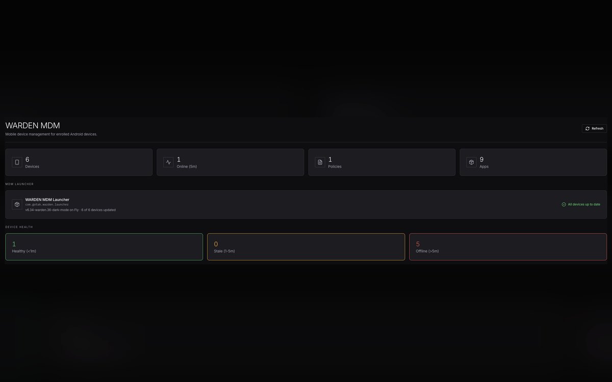 WARDEN mobile device management console showing fleet health, launcher version and policy state